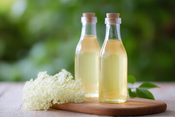 Elderflower cordial in glass bottles on wooden table