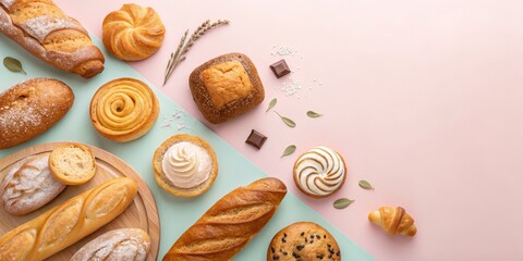 Pastries Delight Assorted Bread and Sweet Treats on Pastel Background, Bakery, Confectionery