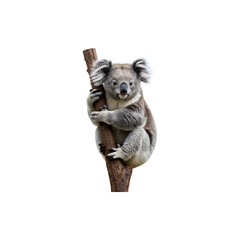 Obraz premium Cute koala clinging to a tree trunk with fluffy ears on white background
