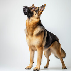 Red and black german shepherd dog on grey background