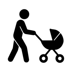 A man pushing a stroller, simple black and white pictogram icon