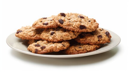 A pile of delicious oatmeal raisin cookies stacked high on a white plate against a white background
