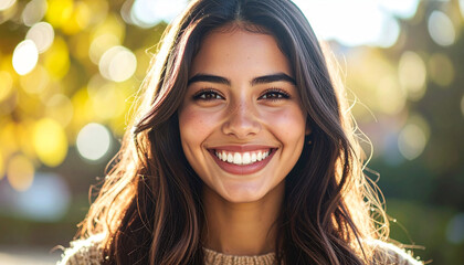 Generated Image A close-up portrait of a young woman with a joyful expression, eyes sparkling, wide smile, natural lighting