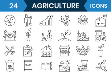 Agriculture icon set collection. Outline icons of agricultural, wheat, crop, corn, tractor, sunflower, rain, fields, fertilizer, pesticide, farmer editable icon. Vector illustration.