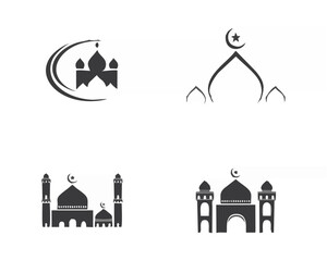 Obraz premium minimal vector style mosque icons, minimal geometric architecture, minimalist islamic religious symbols, simple black and white islamic mosque design elements 