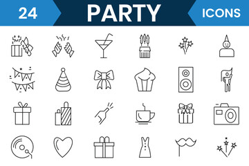Fototapeta premium Party icons set collection. Birthday party line icon vector such as, Bouquet of flowers, Karaoke, cake, Dj, Masquerade, confetti, and more. Vector illustration.