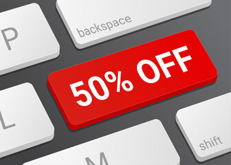 50% Off Button on Computer Keyboard with White Text for Discount Offer Online Shopping and Ecommerce Interface Close Up Illustration