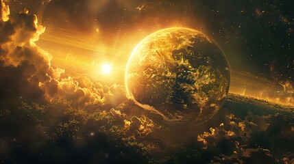 Golden planet rising above clouds with bright sun in a celestial landscape view scene
