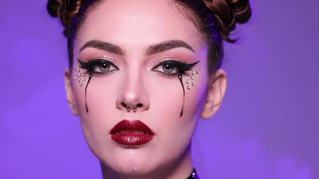 Gothic Glam Halloween Makeup: Woman with Dramatic Winged Eyeliner, Black Tears, Rhinestones, and Dark Red Lips