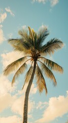 Majestic palm tree sways gently under a vibrant sky filled with fluffy clouds at twilight hour