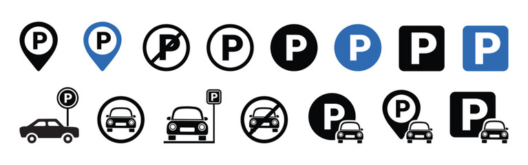 Car parking icon set on white background. Car parking sign. Car parking icon set. Public parking and parking location symbol - stock vector.