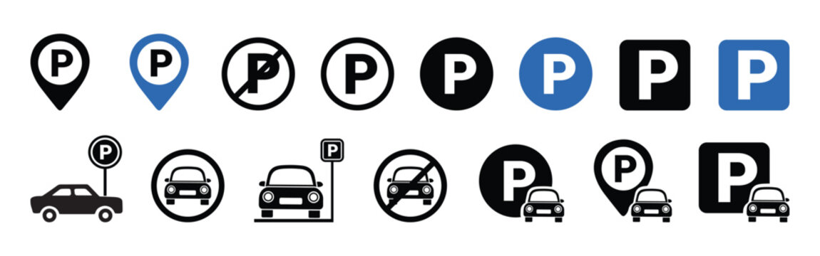 Car parking icon set on white background. Car parking sign. Car parking icon set. Public parking and parking location symbol - stock vector.