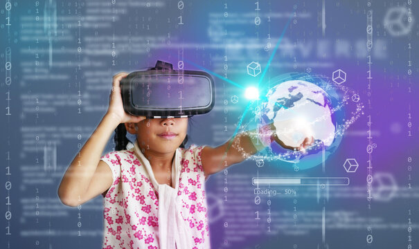 Metaverse and virtual reality technology. A girl with her VR glasses is access an augmented world through AR technology