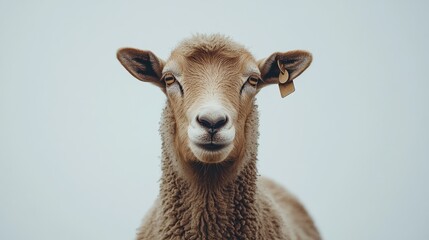 Obraz premium Close-up portrait of a light brown sheep, directly facing the camera, against a muted grey background; it has a calm expression and a small ear tag