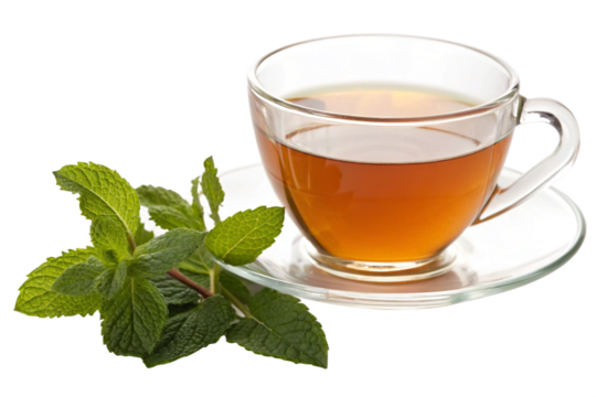  A cup of tea with fresh mint leaves on white beckground.