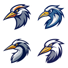 Fototapeta premium Four stylized bird heads with sharp beaks and intense eyes in a square arrangement on a white background