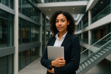 Woman in suit holding tablet.