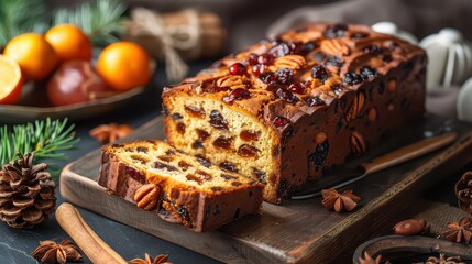 A sliced fruitcake with nuts and dried fruit on a wooden board surrounded by christmas decorations