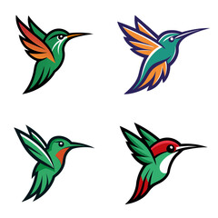 Obraz premium Four cartoon hummingbird illustrations with various wing colors in a square arrangement on white