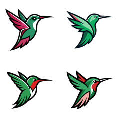 Obraz premium Illustration of four green and red hummingbirds in flight with different wing positions and color schemes