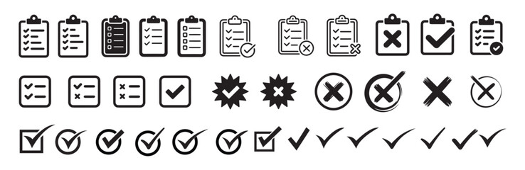 Checklist icon set, checkmarks, cross symbols, and clipboard designs vector 
