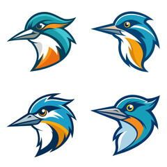 Fototapeta premium Collection of four stylized kingfisher bird head illustrations with blue and orange plumage design