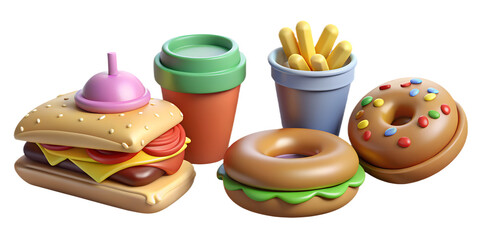 3d delectable collection of isolated fast food icons, featuring sweet baked desserts, savory cheese burgers, and various lunch and dinner meal snacks on a white plate