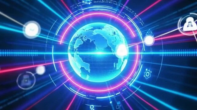 Vibrant 3D studio glowing with neon lights and rotating digital globe, featuring holographic data, AI icons, and binary code representing futuristic networks | video download