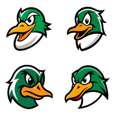 Fototapeta premium Collection of four cartoon duck heads with green feathers and orange beaks in various expressions