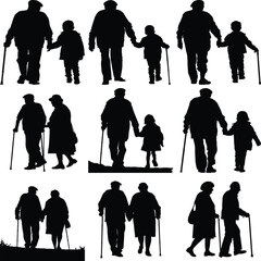Silhouettes of grandparents and grandchildren walking
