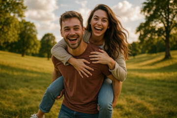 Fototapeta premium Man carrying woman piggyback.