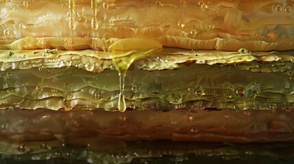 A close up shot of baklava layers with syrup dripping down the side of the pastry dessert treat