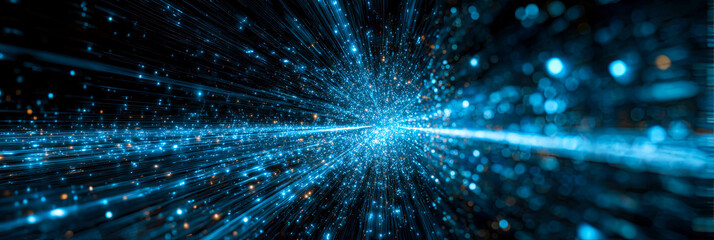 Abstrakte Darstellung von vernetzten Partikeln, Lichtimpulsen und digitalen Strukturen, inspiriert von neuronalen Netzwerken, Energiefl&uuml;ssen und futuristischer Technologie.