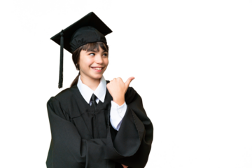 Little university girl over isolated background pointing to the side to present a product