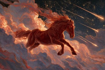Majestic fire horse galloping through the night sky, celestial clouds, comet trails, glowing mane, Chinese New Year fantasy illustration, rich reds and golds, dramatic lighting