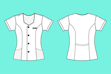 Black and White Modern Medical Scrub technical drawing fashion flat sketch CAD mockup front and back views.