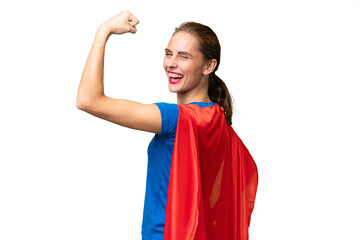 Young caucasian woman over isolated background in superhero costume and doing strong gesture