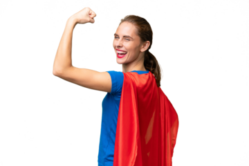 Young caucasian woman over isolated background in superhero costume and doing strong gesture