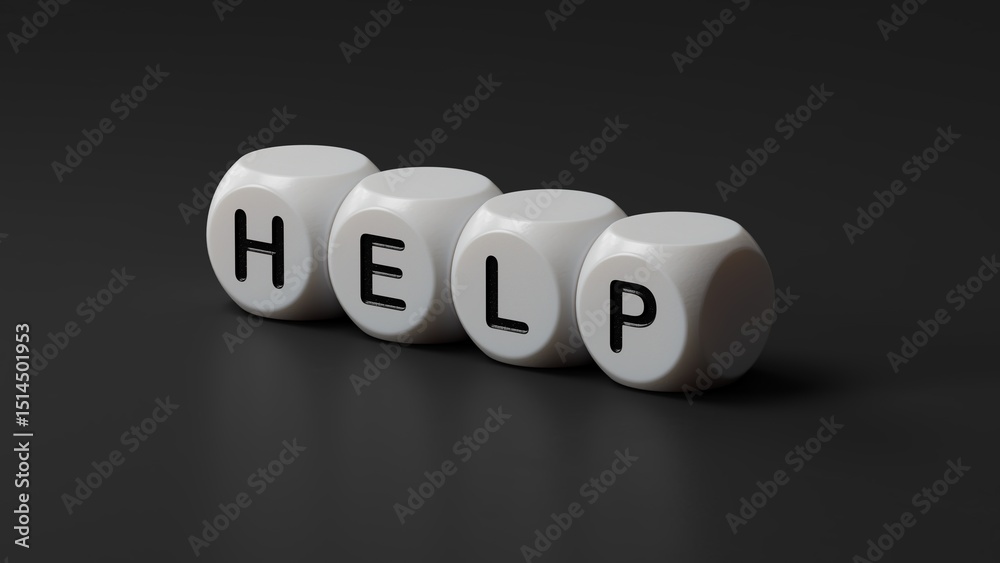 Poster help.wooden dice spelling.flat lay view from above on wooden dice buttons.it technology concept.3d r