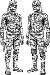 Highly Detailed Black and White Line Art Classic Egyptian Mummies in Symmetrical Standing Poses for Historical Themes, Halloween