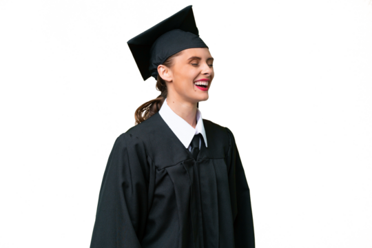 Young university graduate  caucasian woman over isolated background laughing in lateral position