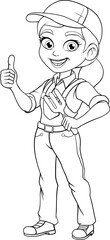 A woman female gardener or farmer holding a garden fork gardening tool cartoon character mascot.