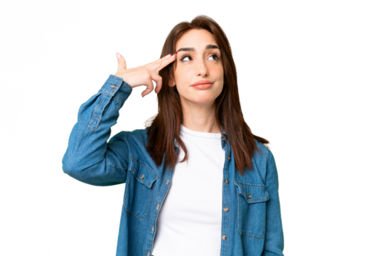 Young caucasian woman over isolated chroma key background with problems making suicide gesture