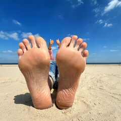 beach vibes with woman barefoot feet lying on the sandy beach. She gives a relaxed thumbs-up gesture