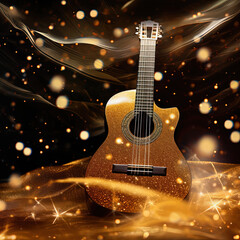 Fototapeta premium Gold acoustic guitar sparkling under starry night with shimmering highlights