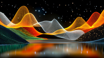 Data Wave in Night: Abstract data waves with shimmering lights mirroring a dynamic data landscape with colorful curves during the night.