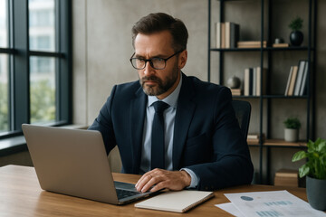 Man in suit and glasses working on laptop.