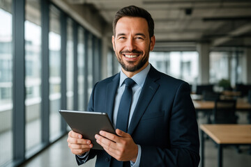 Fototapeta premium Man in suit and tie holding tablet.