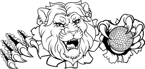 A lion with golf ball sports team cartoon animal mascot
