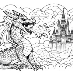 Fototapeta premium Cute Cartoon Dragon Pencil Sketch – Black and White Line Art with Scales and Wings